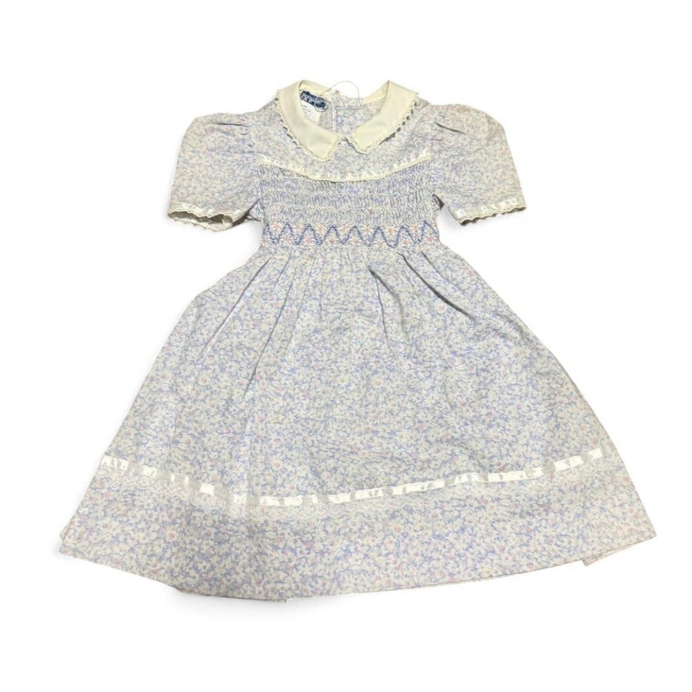 Vintage Polly Flinders Girls Size 6 Floral Smocked Dress Lace Cottagecore